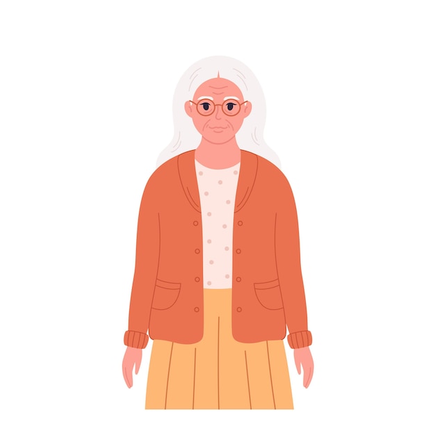 Vector anciana canosa con anteojos y tela elegante. abuela senior sonriente con ropa moderna.