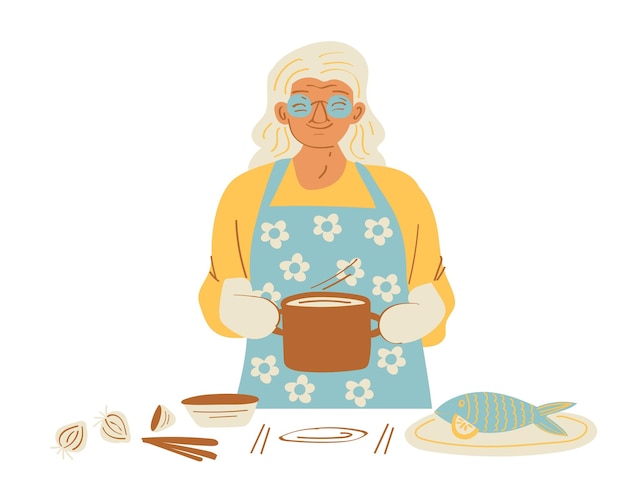 Anciana cocinando sopa Ilustración vectorial en estilo plano