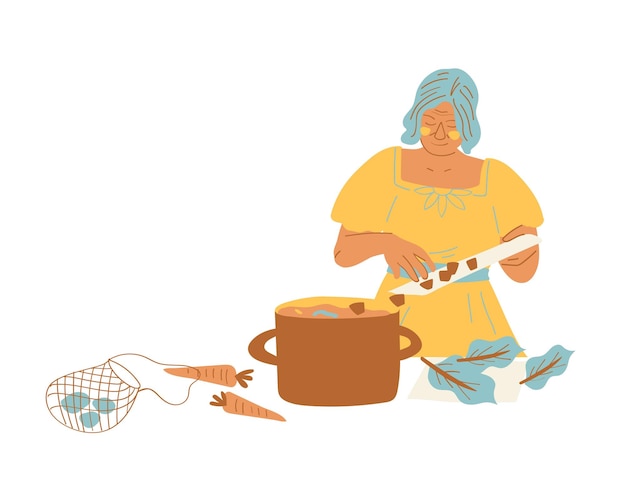 Anciana cocinando sopa ilustración vectorial plana aislada en fondo blanco