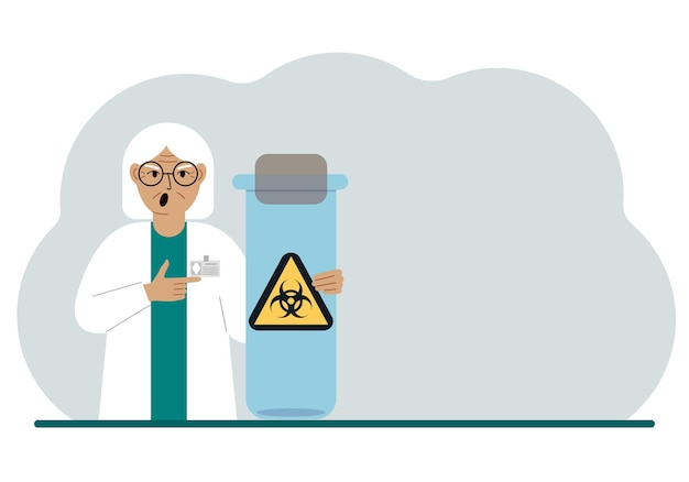 Una anciana doctora o científica sostiene un tubo de ensayo con una etiqueta de advertencia de riesgo biológico o virus Peligro biológico