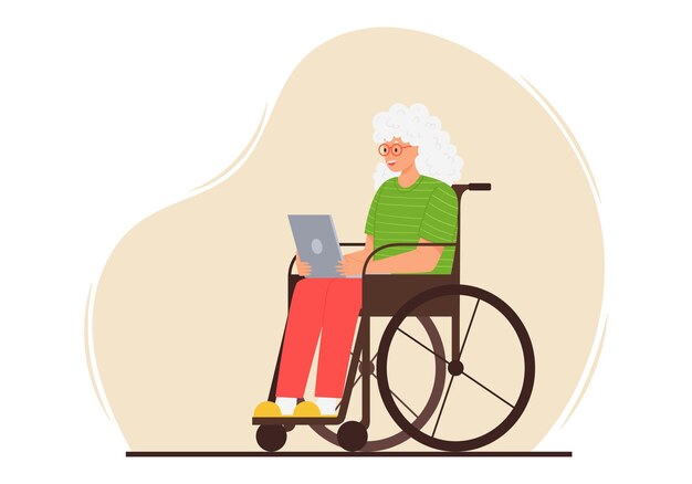Una anciana está sentada con una computadora portátil en una silla de ruedas. Una dama adulta sonriente usa una computadora.