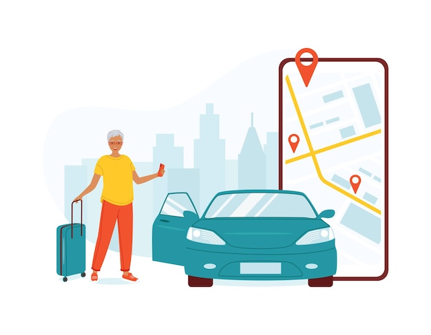 Una anciana con una maleta usa una aplicación para compartir autos en un smartphone.