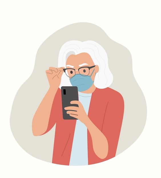 Vector anciana en máscara mira hacia el teléfono inteligente.