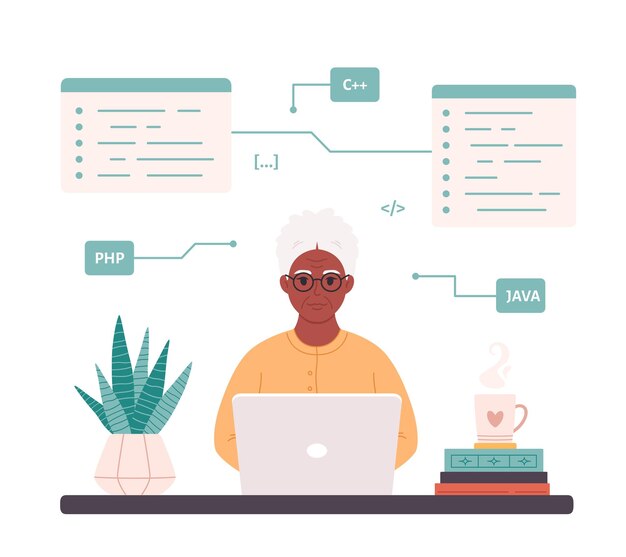 Anciana negra que trabaja en la computadora en casa Programación de trabajo remoto independiente