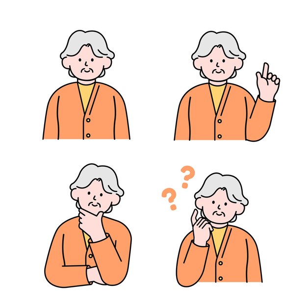 Vector una anciana está en una pose pensante cuestionando y señalando su dedo vector de estilo simple