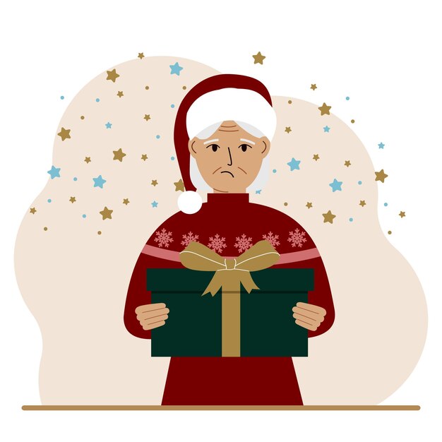 Una anciana con un regalo de Año Nuevo Concepto de preparación para Navidad Año nuevo recibiendo un regalo Venta de Navidad o Papá Noel secreto