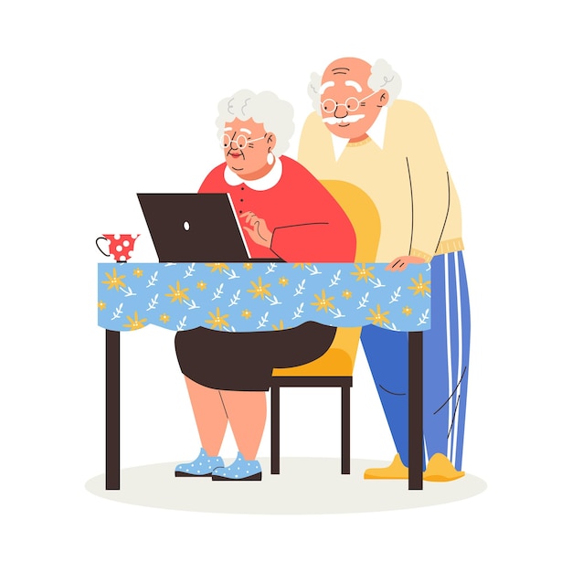 La anciana se sienta a la mesa usando una computadora portátil con su esposo mayor, la pareja mayor usa tecnología informática v
