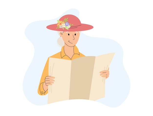 Vector anciana en un sombrero sosteniendo un periódico o un mapa vector ilustración plana aislada