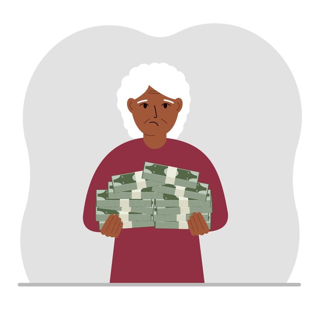 Vector una anciana sostiene una gran pila de papel moneda