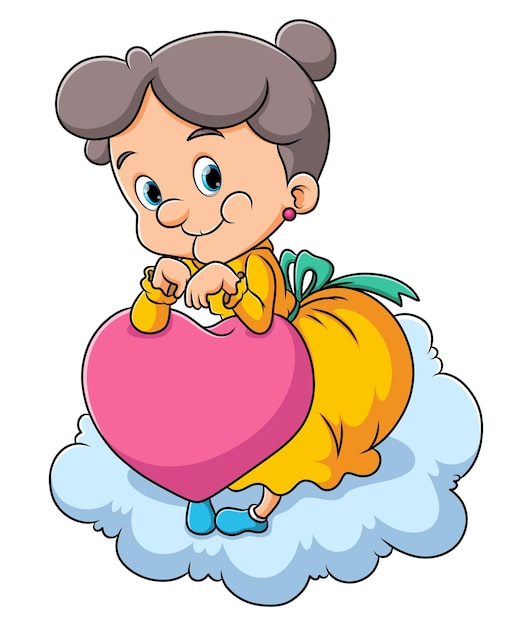 La anciana sostiene la muñeca del amor y se sienta en la nube de la ilustración.