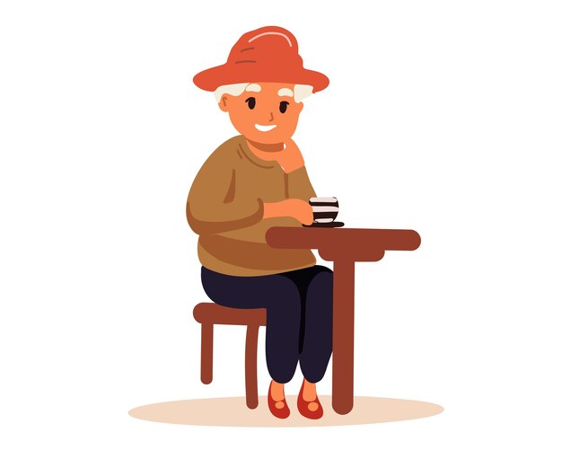 Vector anciana tomando café en la ilustración de vector de mesa