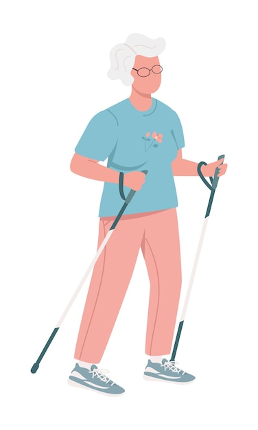 Anciana usando bastones en carreras de trail running personaje de vector de color semiplano Figura posando Persona de cuerpo completo en blanco Ilustración de estilo de dibujos animados simple para diseño gráfico web y animación