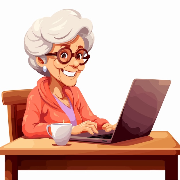 Una anciana usando una computadora portátil en una ilustración de escritorio