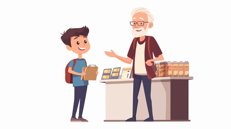 Un anciano alegre conversando con el cajero mientras está de pie en la tienda