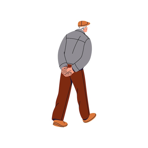 El anciano se aleja vista trasera Hombre anciano camina con las manos cruzadas detrás Abuelo soltero camina Abuelo anciano pasea solo Ilustración vectorial aislada plana sobre fondo blanco