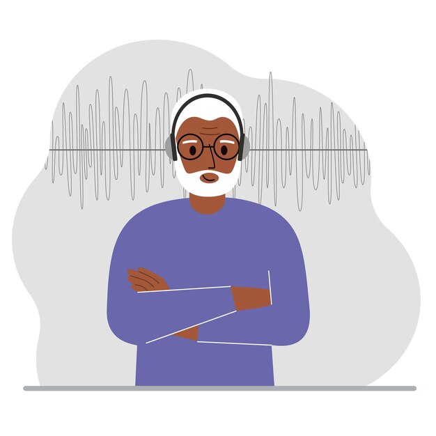 Anciano con auriculares y una pista de sonido Concepto de podcast en línea radio libros en línea aprendizaje en línea y música Vector ilustración plana
