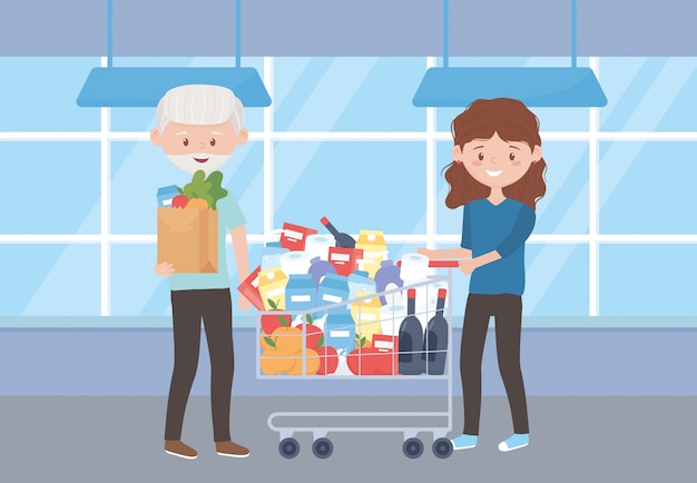 Anciano con bolsa de supermercado y mujer con exceso de compra de carro completo