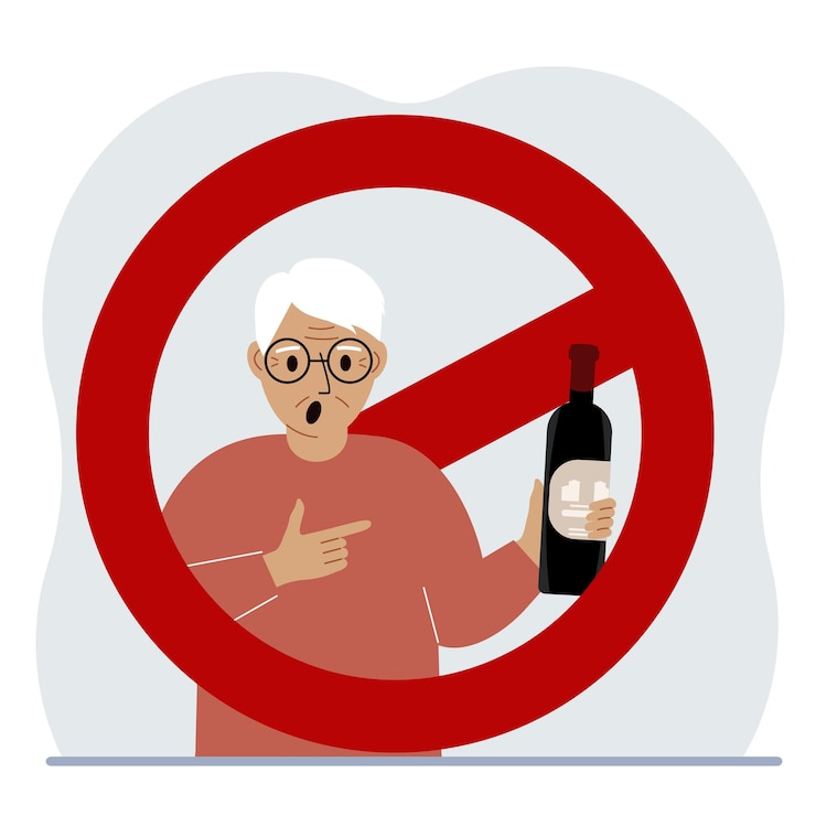 Vector un anciano con una botella de alcohol en la mano alrededor del hombre hay una señal de prohibición roja el concepto de adicción al alcohol y la prohibición de beber alcohol