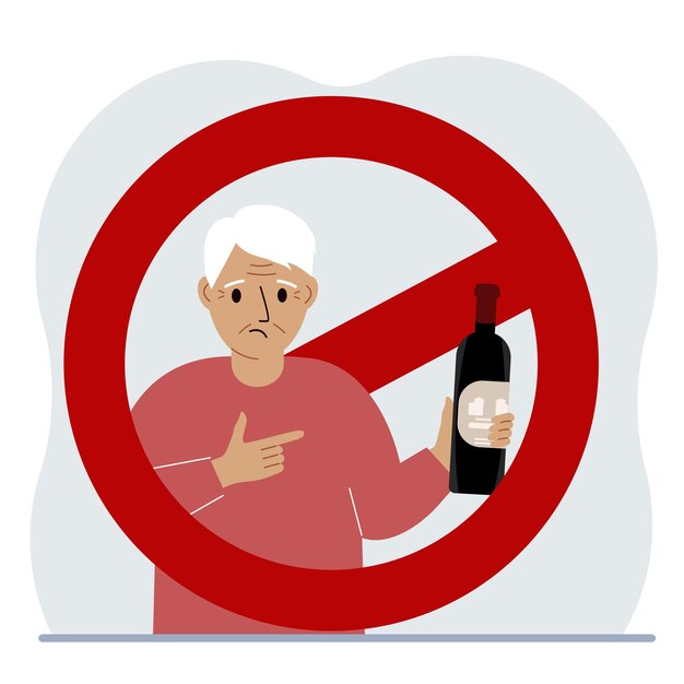 Un anciano con una botella de alcohol en la mano Alrededor del hombre hay una señal de prohibición roja El concepto de adicción al alcohol y la prohibición de beber alcohol