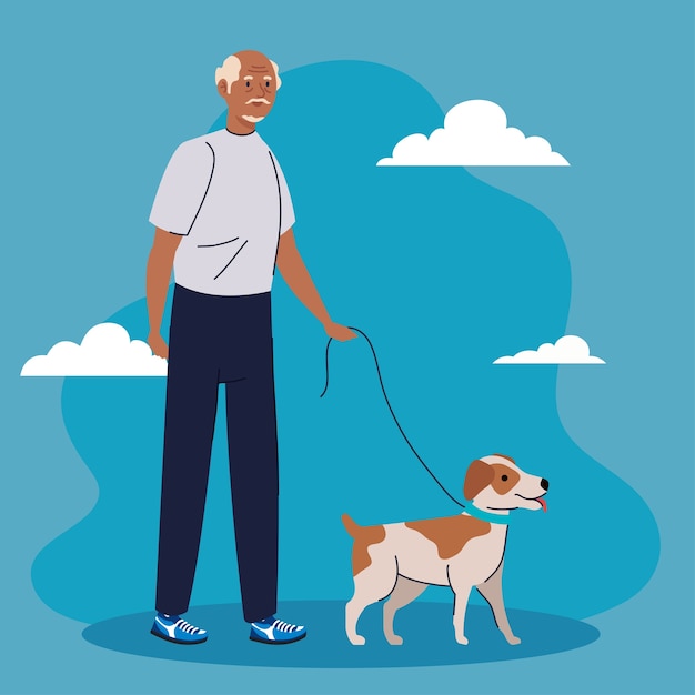 Anciano caminando con perro mascota sobre fondo azul ilustración