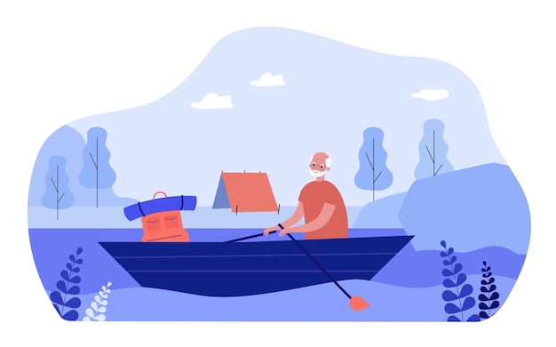 Anciano en caminata ilustración vectorial plana. Abuelo flotando en el río, sentado en un bote, carpa en la orilla. Camping, vejez, jubilación, viajes, vacaciones, concepto de turismo para diseño de banner