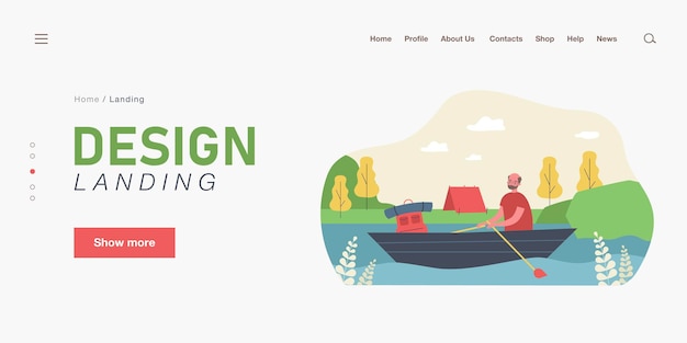 Anciano en caminata ilustración vectorial plana. Abuelo flotando en el río, sentado en un bote, carpa en la orilla. Camping, vejez, jubilación, viajes, vacaciones, concepto de turismo para diseño de banner