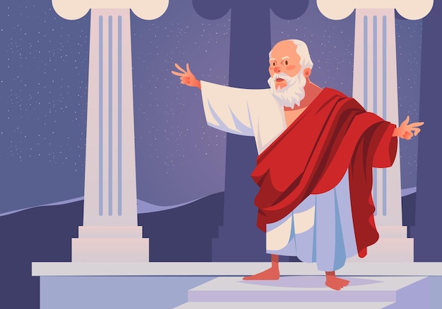 Vector un anciano con una capa roja y una barba blanca se para frente a un pilar con columnas.