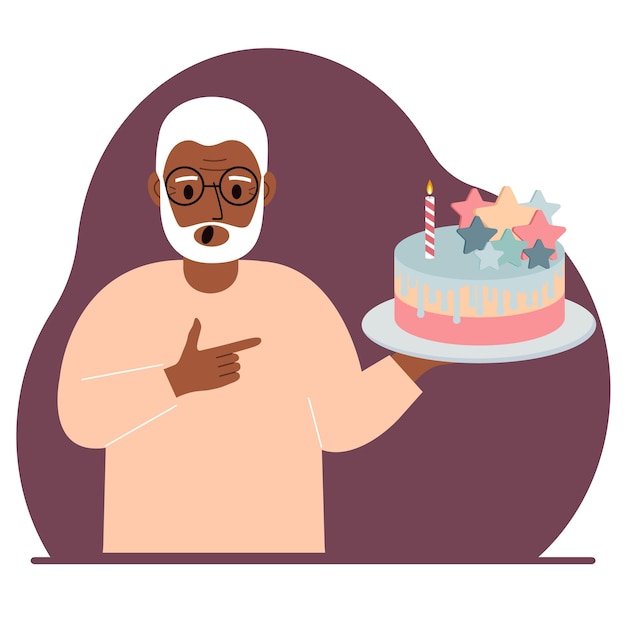 Un anciano celebra un cumpleaños o algún evento Un hombre con un pastel de cumpleaños con una vela