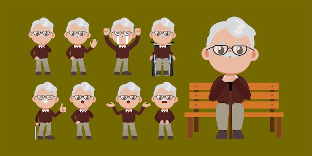 Anciano con diferentes poses vector