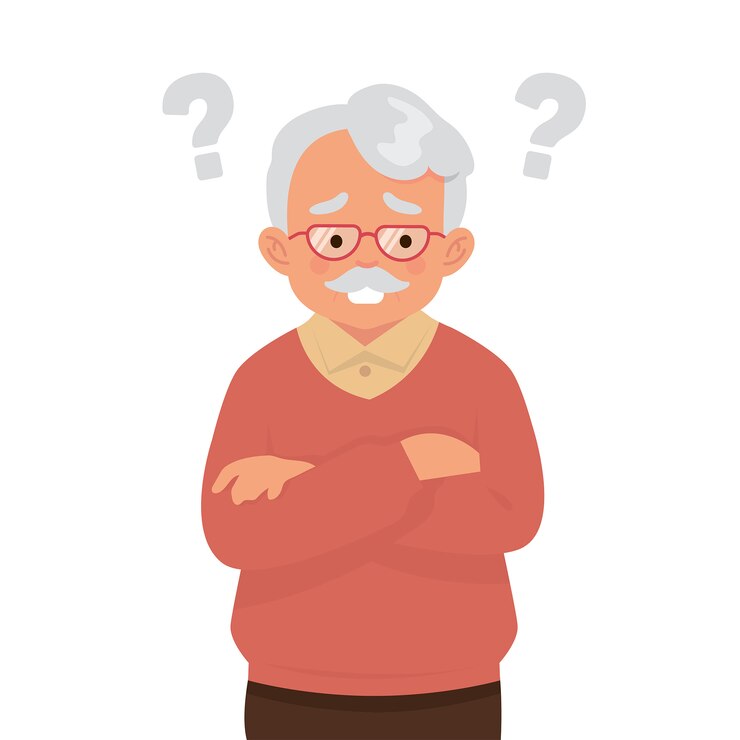 Vector un anciano está pensando con muchas preguntas.