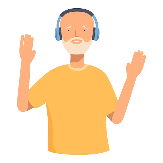 Un anciano feliz escuchando música con auriculares.