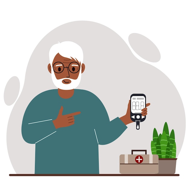 El anciano feliz sostiene un glucómetro en la mano El concepto de control del azúcar en la sangre diabético Vector ilustración plana