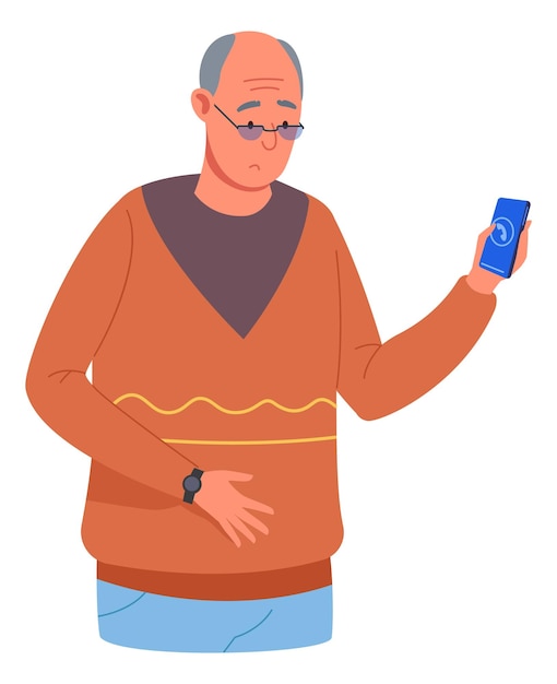 Vector anciano con gafas mirando la pantalla del teléfono inteligente