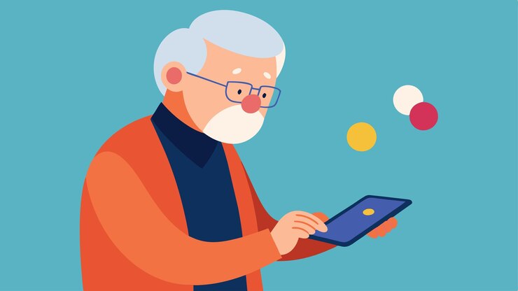 Vector un anciano jugando un juego de coordinación de manos y ojos en su tableta manteniendo sus habilidades motoras afiladas y