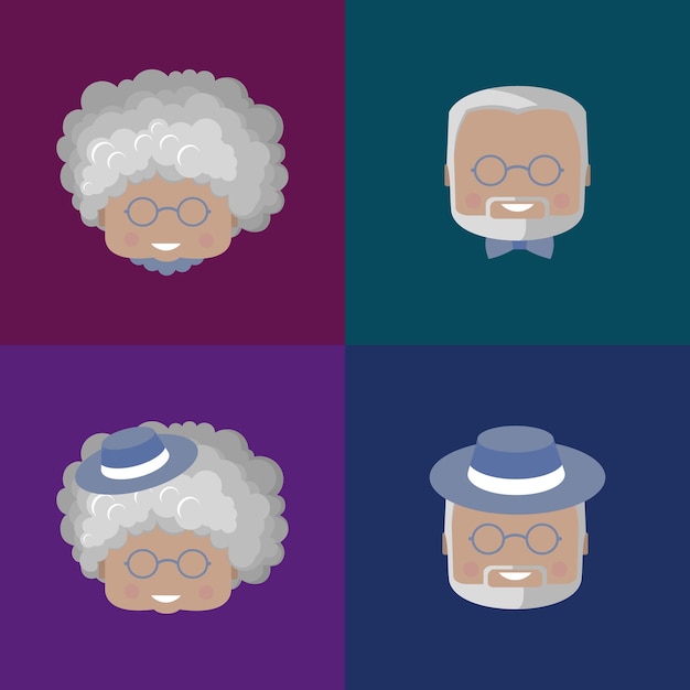 Vector un anciano y una mujer abuelo y abuela jubiladoscoloridos iconos de retratos sonrientes