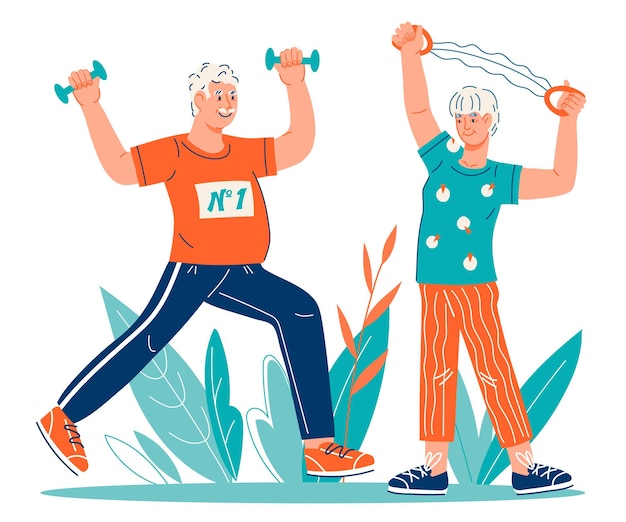 Vector un anciano y una mujer mayores sanos y lindos se mantienen en forma a través de ejercicios deportivos
