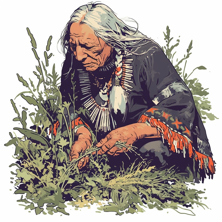 Vector un anciano nativo americano cosechando hierbas