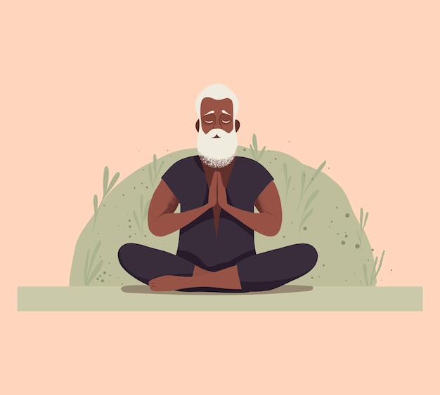 Un anciano negro haciendo meditación de yoga en un concepto de salud mental del parque