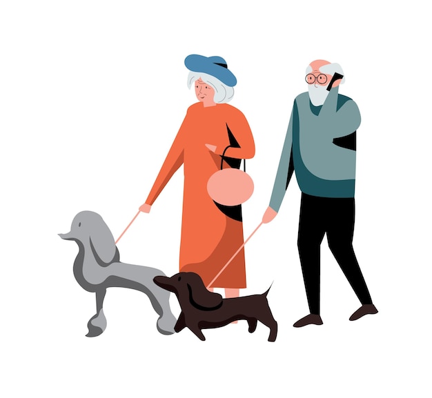 Anciano paseando a un perro abuelo aislado sobre fondo blanco.
