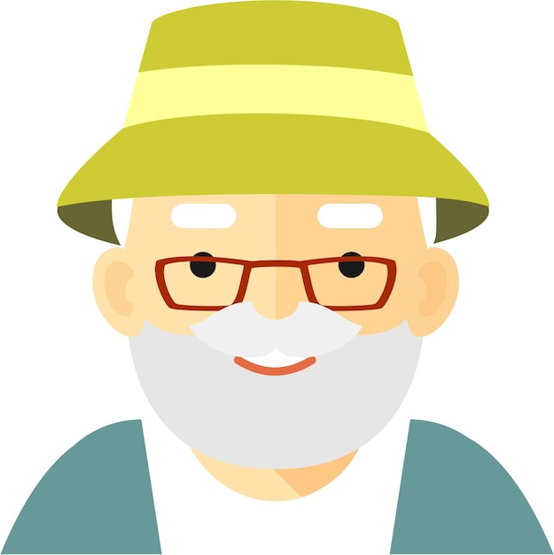 Anciano Senior hombre con sombrero cara icono en estilo plano