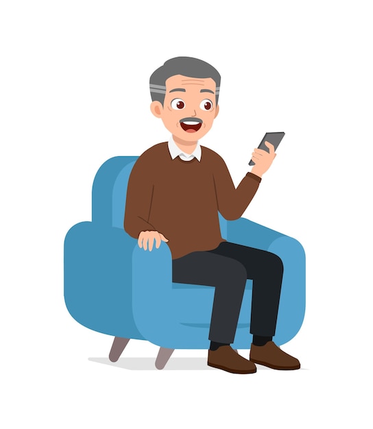 El anciano se sienta en el sofá y usa el teléfono móvil
