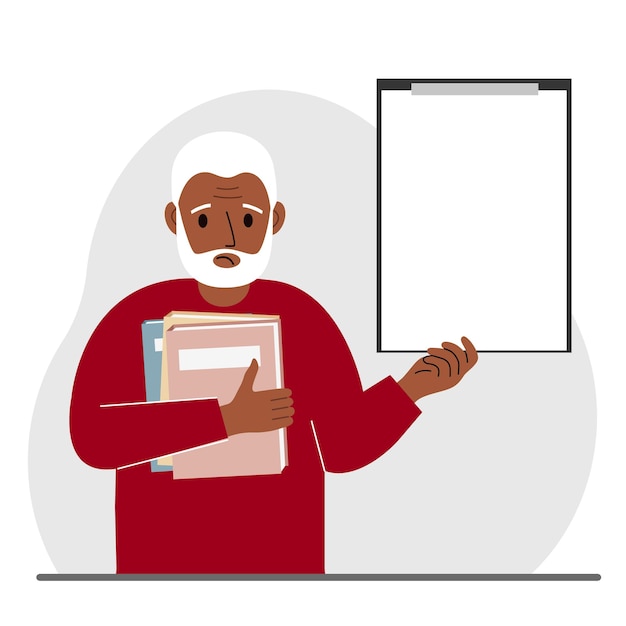 Un anciano sostiene una pila de libros en una mano, un portapapeles en el otro espacio para texto Educación del conocimiento enseñanza lista de lectura de mejora personal