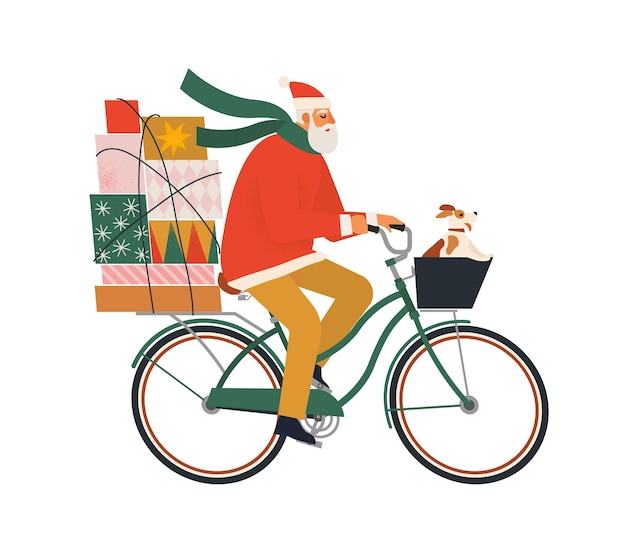 Un anciano vestido como santa claus monta una bicicleta con regalos y un perro postal navideña banner vertical de invierno ilustración plana vectorial