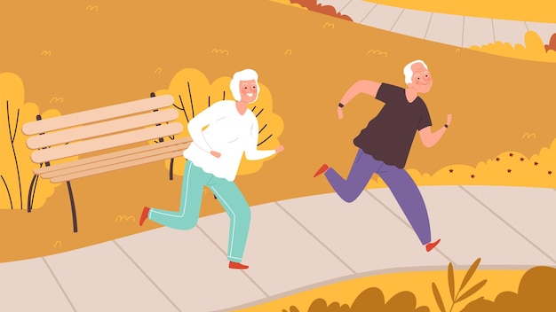 Ancianos corriendo en el parque de otoño. Personajes de personas mayores felices, actividad de otoño al aire libre. Ilustración de vector de estilo de vida saludable. Parque deportivo de otoño, estilo de vida de jogging de personas