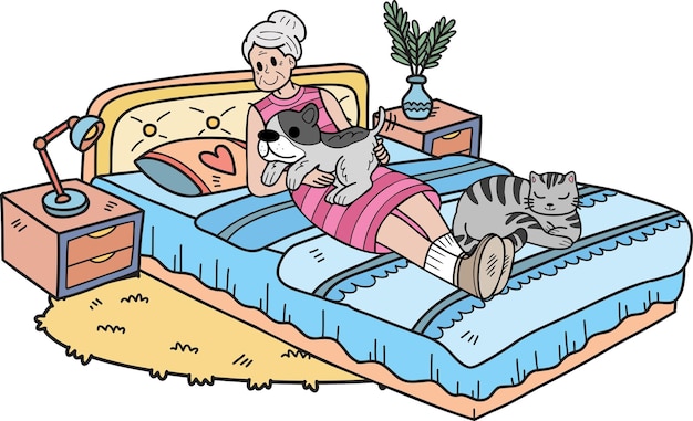 Vector ancianos dibujados a mano abrazando perros y gatos ilustración en estilo garabato