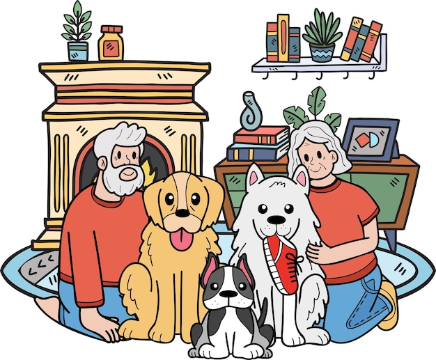 Ancianos dibujados a mano sentados con la ilustración del perro en estilo garabato