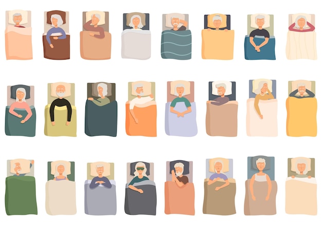 Los ancianos están durmiendo iconos conjunto vector de dibujos animados Personas mayores Cama marido