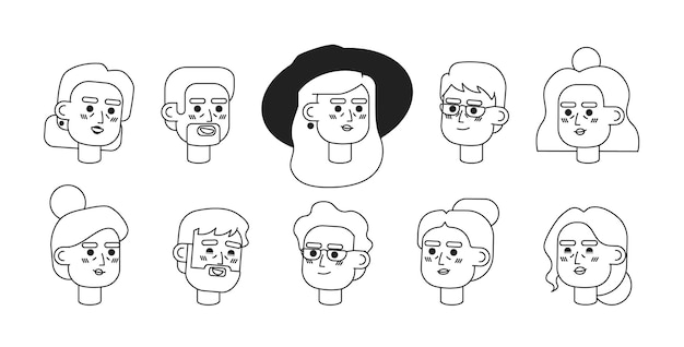 Vector ancianos felices diversos avatares vectoriales en blanco y negro 2d paquete de ilustración mujeres ancianas hombres bosquejan personajes de dibujos animados personas iconos aislados jubilados adultos usuarios de línea plana se enfrentan a la colección de imágenes