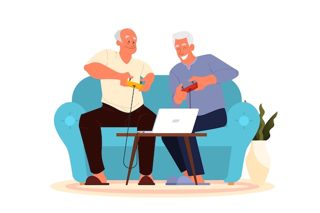 Ancianos jugando videojuegos. Personas mayores jugando videojuegos con controlador de consola. El personaje mayor tiene una vida moderna.