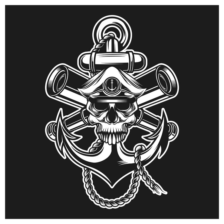ancla de cabeza de calavera de capitán, cuerda y binoculares